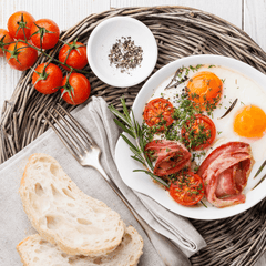 Breakfast on white wooden background